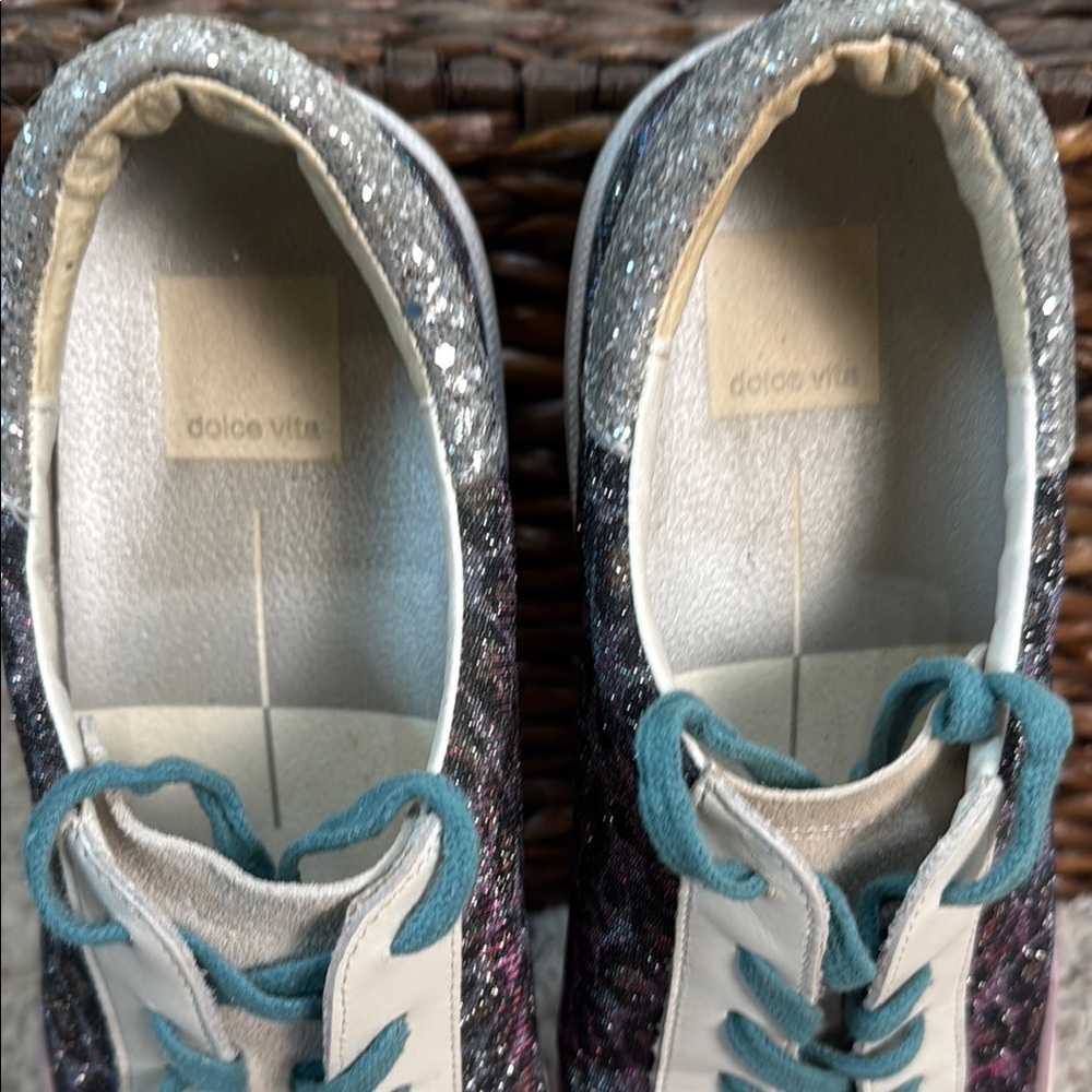 Dolce Vita Women White Sneakers with Glitter‎ Leopard Print Teal Laces Size 10 - Picture 5 of 7